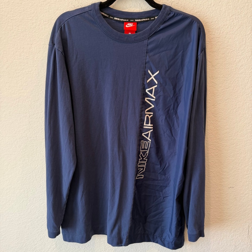 Nike Air Max Mens Long Sleeve Shirt Navy Blue Mixed Media Graphic Tee Large